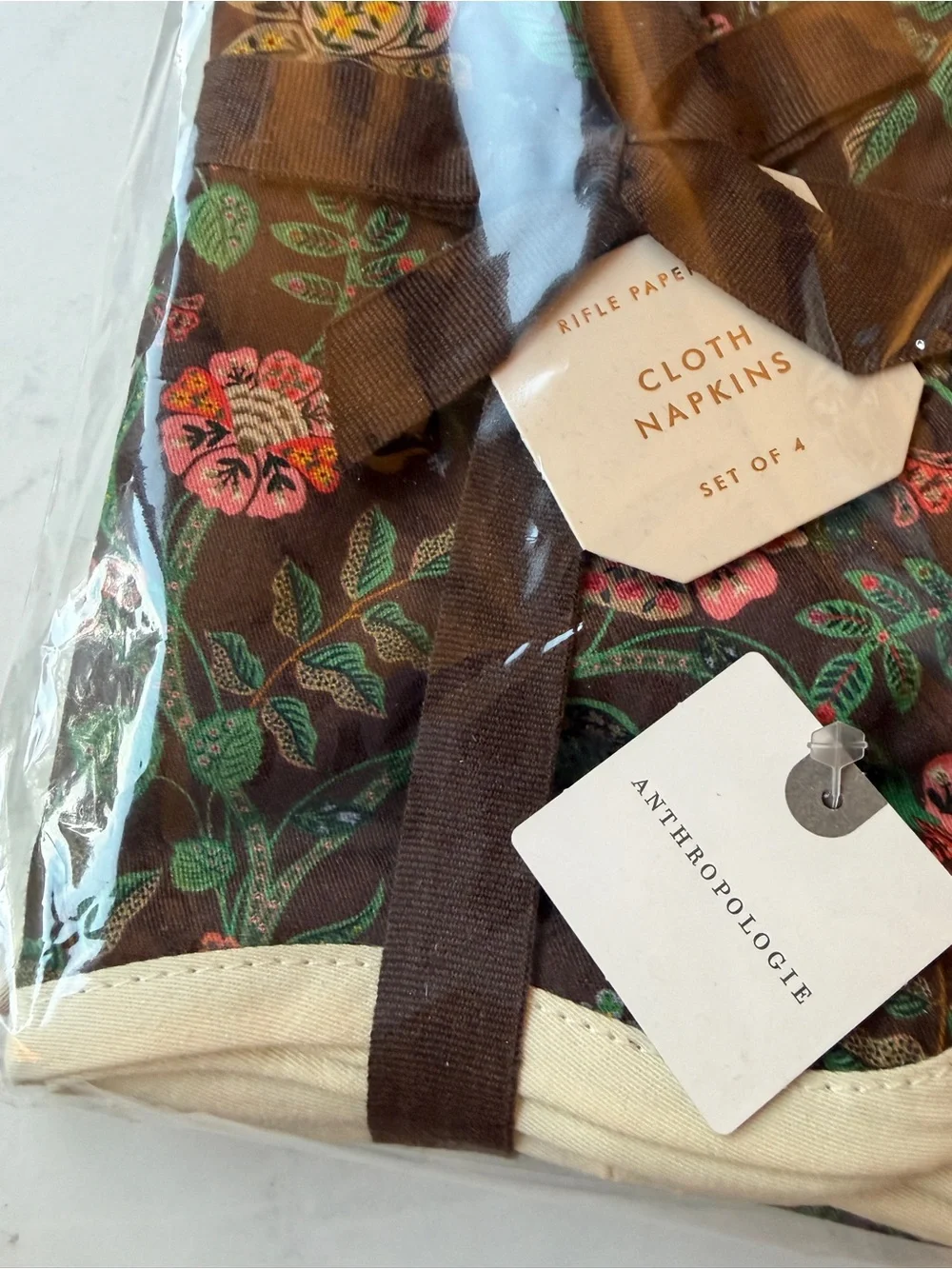 NWT Anthropologie Rifle Paper Co. Gracie Napkins, Set of 4, Brown Floral